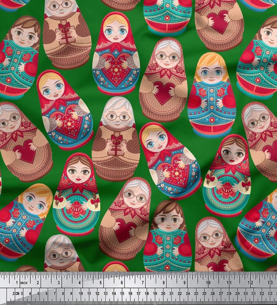 Soimoi Georgette Fabric 65 GSM Russian Doll Print 44 Inches Wide By The Meter-Green