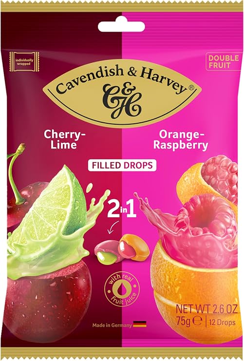 Cavendish & Harvey Filled Drops Cherry & Lime and Orange & Raspberry 75g – Pack of 15