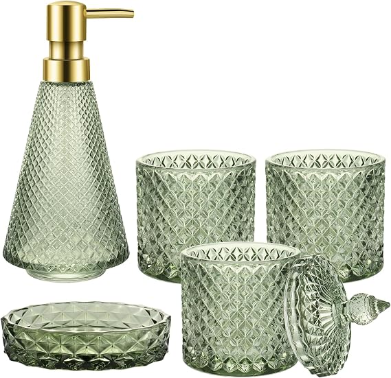 Green Bathroom Accessory Set, 5Pcs Bathroom Soap Dispenser Set, Green Glass Bathroom Accessory Set with Lotion Dispenser, Soap Dish, Toothbrush Holder, Tumbler, Cotton Swab Jars