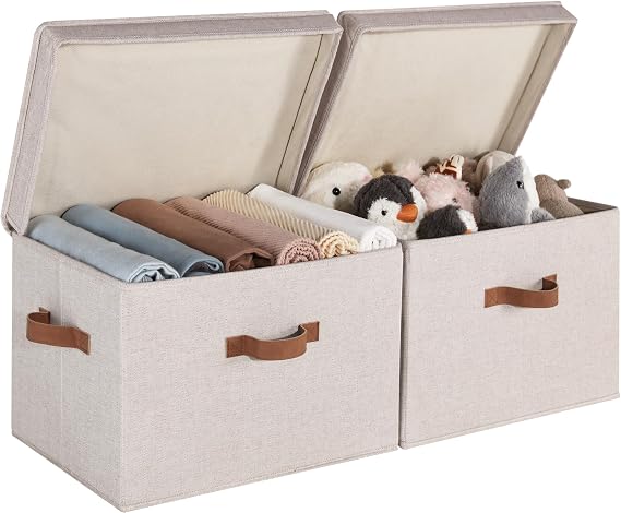 StorageWorks Large Storage Box with Lid Fabric Baskets Storage with Lid Basket with Lid Foldable Boxes Storage with Lid for Clothes Duvet Cover Brown and Beige Pack of 2
