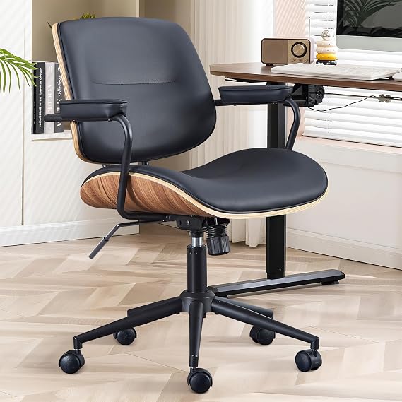 Office Computer Desk Chair Mid Century Modern Office Chair Swivel Rolling Task Chair with Armrests and Walnut Back, Adjustable, 360 Swivel for Home Office Black