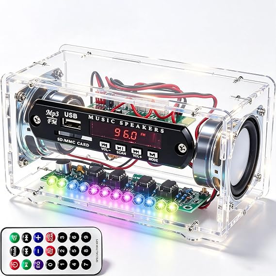 DIY Bluetooth-Compatible Speaker Electronics Kits, FM Radio Soldering Practice Kit with LED, TF/AUX/Bluetooth/USB Support, Remote Control Mini Home Sound Amplifier DIY Kit