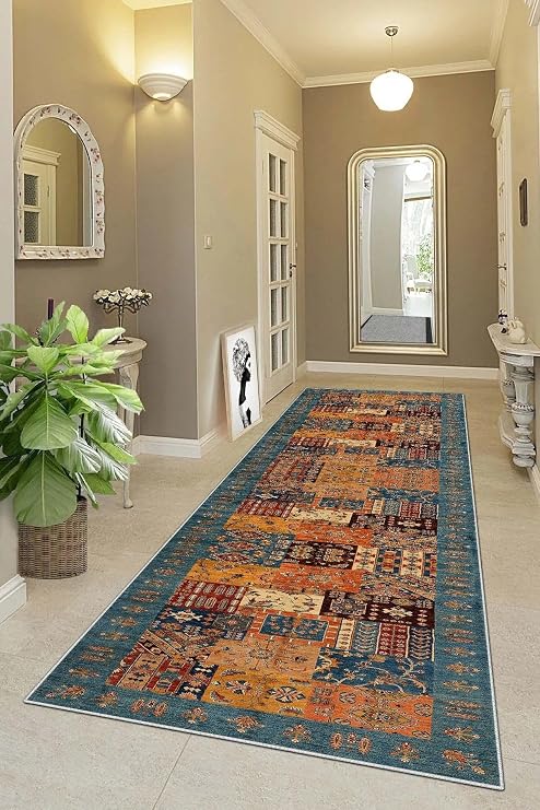 Pelangi Kırkyama Patchwork Kilim Desenli Etnik Dijital Baskı Yıkanabilir Modern Salon Halı ve Yolluk, Kahverengi - Mavi 100 x 400, 95545141004007
