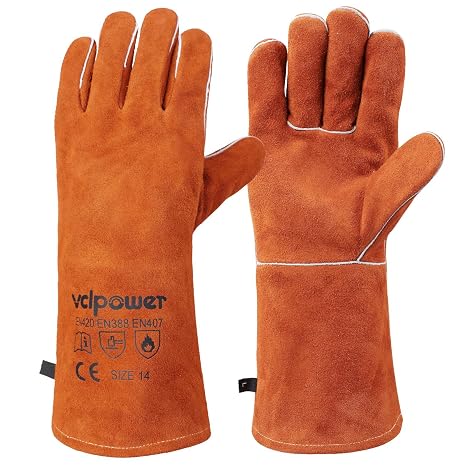 vclpower 14-Inch Heat Resistant Leather Welding Gloves for Fireplace,BBQ