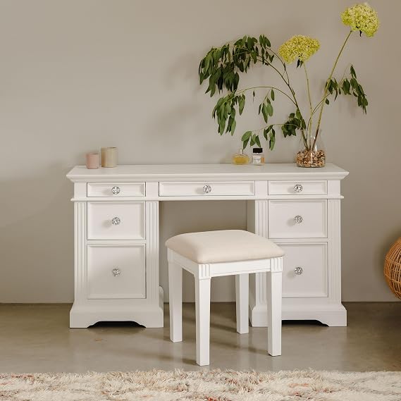 Gainsborough Dressing Table with Drawers | White Pedestal Make-up Table with 7 Drawers, W132.5cm H78cm D42.5cm, Felt-Lined Jewellery Drawers, Carved Detailing, ASSEMBLED (crystal handles)