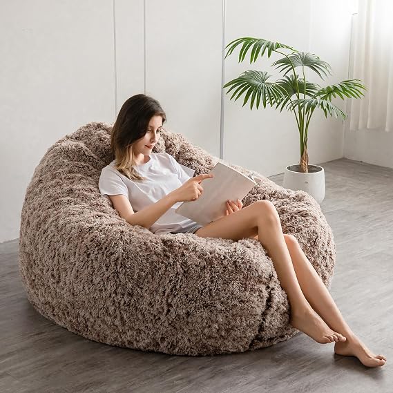 MAXYOYO Giant Bean Bag Bed - Round Bean Bag Chair - Large Sofa with long Faux Fur Cover and Fluffy Filling Included for Adult, Couples, Guest (Coffee, 150x150 cm)