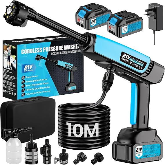 Cordless Pressure Washer, High Pressure Portable Power Washer with Dual 21V 4000mAh Batteries & Extra Long 10M Hose, 6-in-1 Nozzle Battery Powered Jet Wash for Car, Patio, Garden & Driveway Cleaning