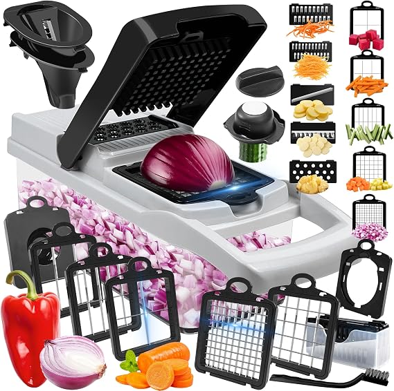 Vegetable Chopper, 10 Blades Slicer Onion Dicer, Multi 23-in-1 Veggie Mandoline Food Cutter for Tomato Fruit, Vegetable Cutter with Hand Protector, Egg Separator & Slicer, Container（Black）