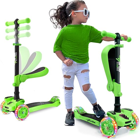 Hurtle Hartor 3-Wheel Kick Scooter Kids' Foldable Kickboard, Toy for Children/Toddlers with Adjustable Height, Non-Slip Deck, Built-in LED Flashing Wheel Light, For Boys/Girls Aged 1 to 14,