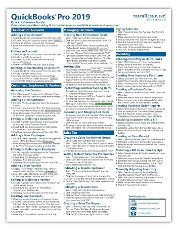 QuickBooks Pro 2019 Quick Reference Training Card - Laminated Tutorial Guide Cheat Sheet Instructions and Tips
