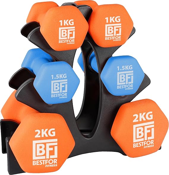 Bestfor Neoprene Dumbbell Set - 9kgs (2 x 1kg, 2 x 1.5kg, 2 x 2kg) With Stand For Fitness, Workouts, Strength Training For Men and Women At Home and Gym With Exercise Chart