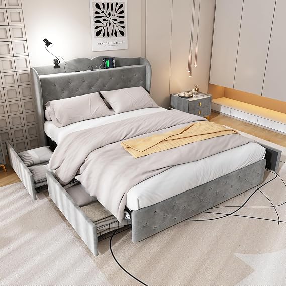 Moimhear Upholstered Bed, 4ft6 double bed, With 4 drawers and Lamp, 3 USB port+1 Type C, Durable and Sturdy, Multifunctional bed, Velvet, Grey (135x190cm)