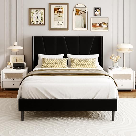 Double Bed Frame with Headboard, Velvet Geometric Tufted Upholstered Platform Bed Frames, Contemporary Mattress Foundation, No Box Spring Needed, Noise Free, Easy Assembly, Black