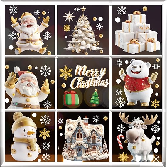 Christmas Window Decorations - 9 Sheets Christmas Window Stickers - PVC Material, White Color, Winter/Christmas Pattern, Reusable, Indoor Use, Window Decal