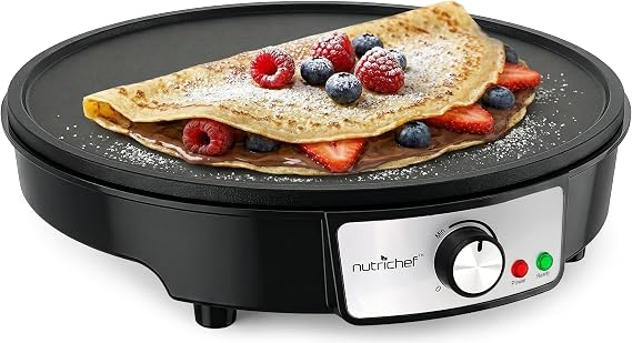 NutriChef Electric crepe maker, Cooking plate, Non-stick plate, LED indicator lights, Adjustable temperature control, Includes wooden spatula and dough spreader