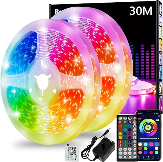 Realky Led Strip Light, 30m Led Lights, Cuttable Led Light Strips with Smart App Control Remote, Music Sync Colour Changing RGB Led Strip Lights for Room Decoration [Energy Class A]