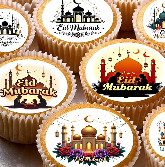 24 Eid Ramadan Mubarak Mosques pre-cut edible cupcake wafer toppers