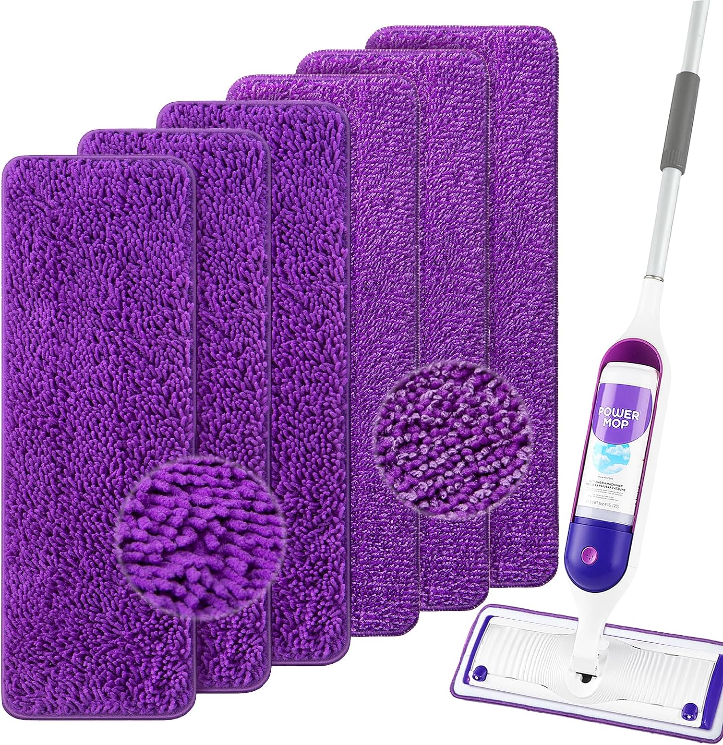Swiffer PowerMop用再利用可能なモップパッド、シェニール織とマイクロファイバー製パワーモップパッド詰め替え用6個パック、13インチ~15インチのスプレーモップ用、洗濯機洗い可能なパッド。マルチサーフェスの床掃除に代わるパッド。