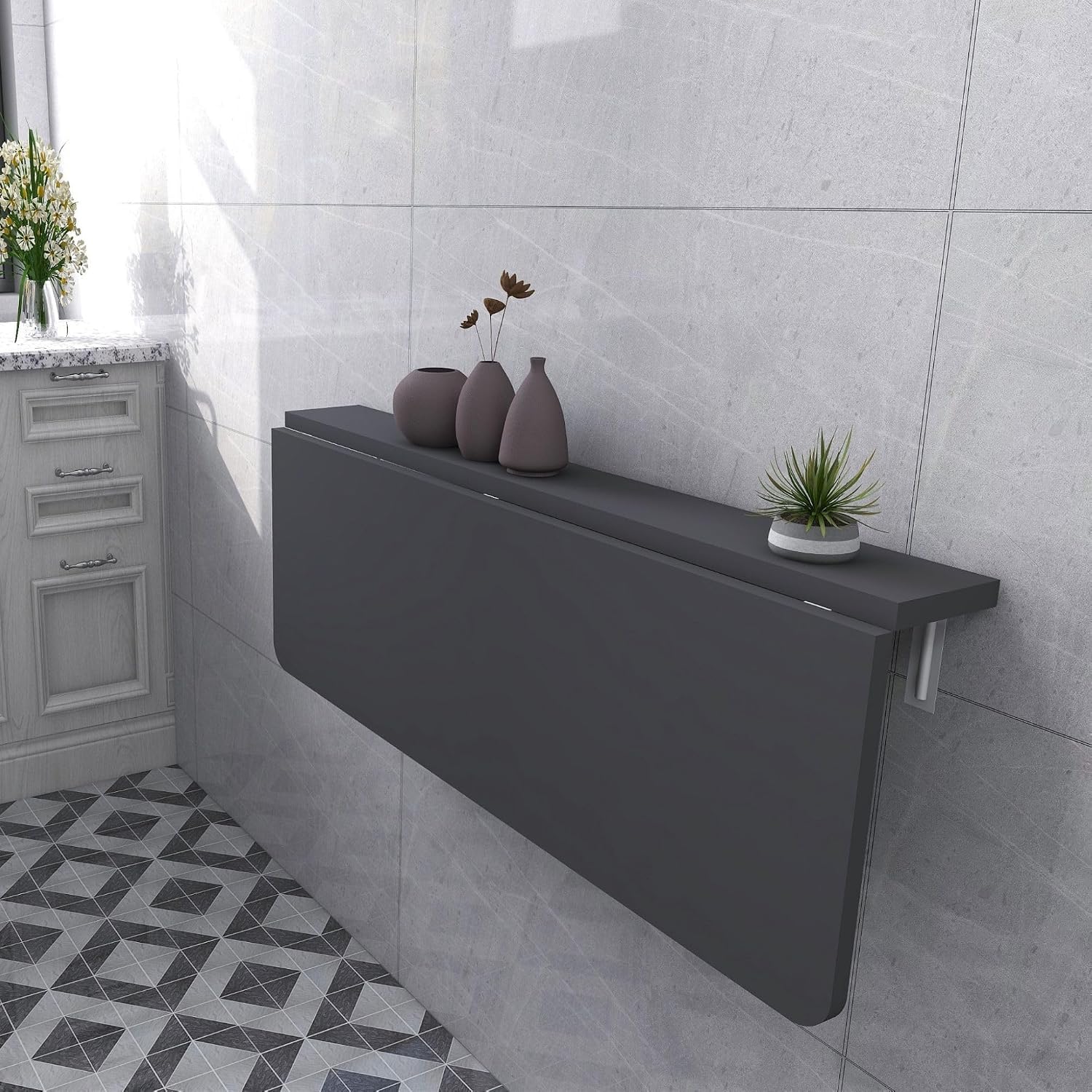 60x110 cm Oval Corner Fixed Shelf Wall Mounted Crushing Folding Dining and Kitchen Table Anthracite Grey