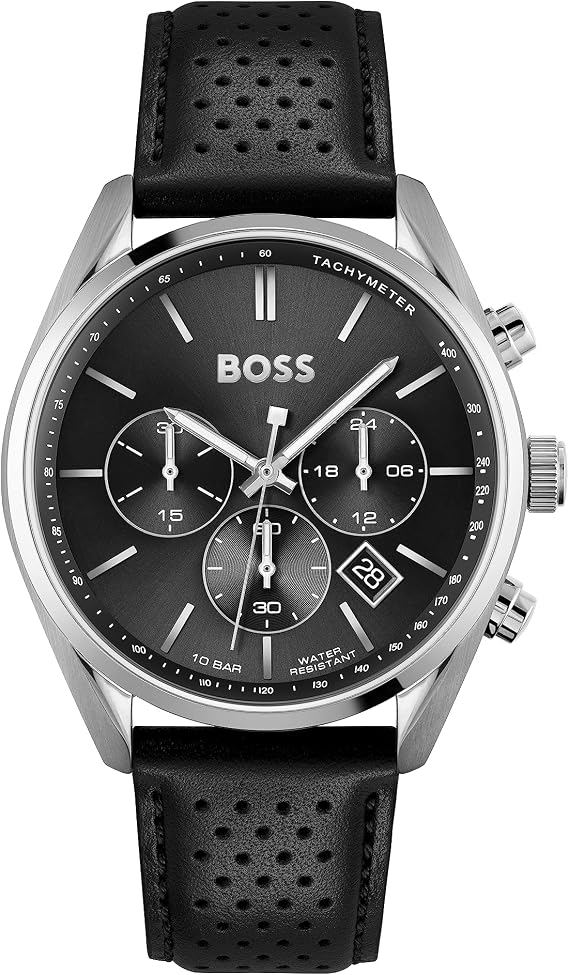 BOSS Herren 44mm Chronograph Quarz Uhr Champion Kollektion mit Edelstahl- oder Lederarmband Datumsfunktion 3 Sub-Dials 10ATM Wasserdichtigkeit