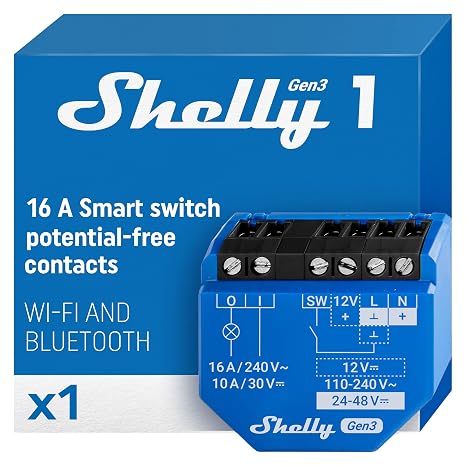 Shelly 1 Gen3 Smart Relay Switch with Dry Contacts, Wi-Fi and Bluetooth, Light Remote Control by App, Compatible with Alexa and Google Home, No Hub Required, 8MB Shelly Chip