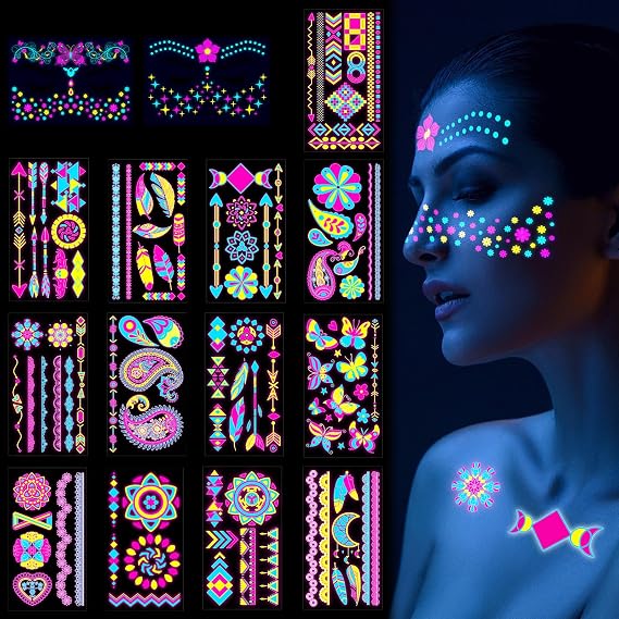Scettar 15 Sheets Temporary Tattoos, 200+ UV Blacklight Neon Glow Fake Tattoos Multiple Designs Glow in the Dark Neon Tattoos Rave Festival Accessories for Women Girls Party Supplies