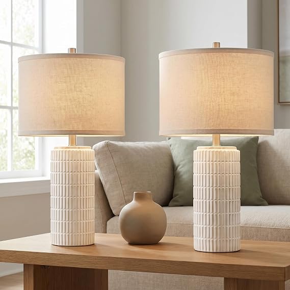 AIEAMPDO 23'' Set of 2 Modern Ceramic Table Lamps for Living Room Bedroom, Nightstand Farmhouse Beige White Desk Lamp for Bedside End Table Entryway, 2 LED Bulbs Included
