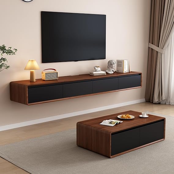 Floating TV Unit - Wall Mounted Media Console with 2 Flip-Down Doors & 2 Drawers Entertainment Center TV Cabinet, Video Shelf for Home Room (Walnut & Black, 200CM)