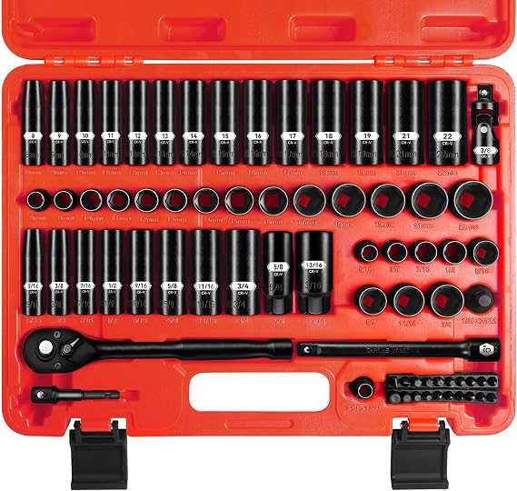 ZHAX 3/8インチドライブ6ポイントインパクトソケットセット、72個標準SAE5/16インチ~3/4インチ&メトリック8-22mmスパークプラグ付き、ディープ&シャロー、72Tレンチラチェットツールキット、Cr-V ヘビーデューティー収納ケース付き