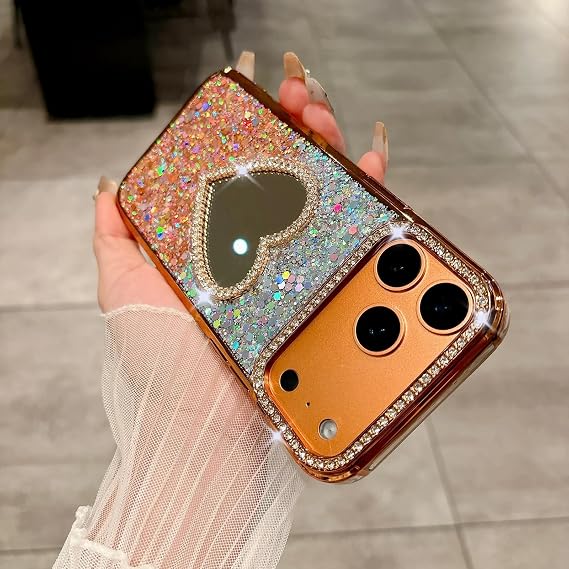 iPhone Air用 ラブハート メイクアップミラーケース グラデーショングリッターメッキ 耐衝撃カバー（iPhone Air用/オレンジ）