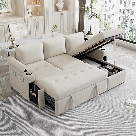 VilroCaz Versatile L-Shaped Sofa Couch Convertible Sofa Bed, Chenille Fabric Sectional Sofa with Reversible Chaise Lounge, Storage Space, 2 Cup Holders and Two USB Ports for Living Room (Beige-2C)