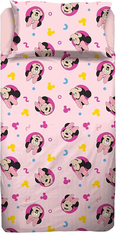 Minnie – Single Bed Sheet Set, Flat Sheet, Fitted Sheet, Pillowcase, Pink, Disney, 100% Cotton, Official Product