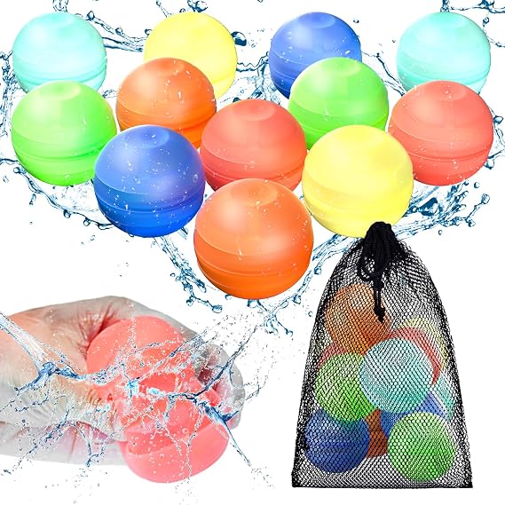 CloudValley Reusable Water Balloons, 12 Pcs Non-Magnet Self-Sealed Quick Fill Silicone Splash Bomb Beach Toys with Mesh Bag, Latex-Free Outdoor Pool for Kids Adults, Summer Bath Party Game