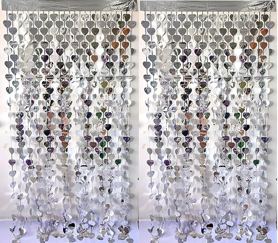 CYBERNOVA 2 Pack Fringe Curtain Backdrop, 1x2M Heart Shaped Metallic Tinsel Fringe Streamers Backdrop Curtains for Birthday Graduation Party Decoration (Silver)