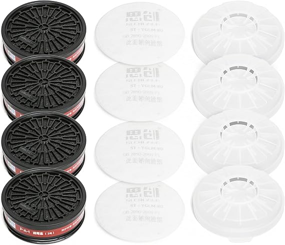 Replaceable Filter Cartridge Set - P-A-1 LDY3 Dual Respirator Filters - Suitable for Full Face Masks - 4 Carbon Filter Cartridges, 4 Cotton Filters, 4 Filter Lids (4 Sets)