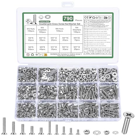 790 Pcs M3 M4 Screws Set,Countersunk Nuts And Bolts Assortment