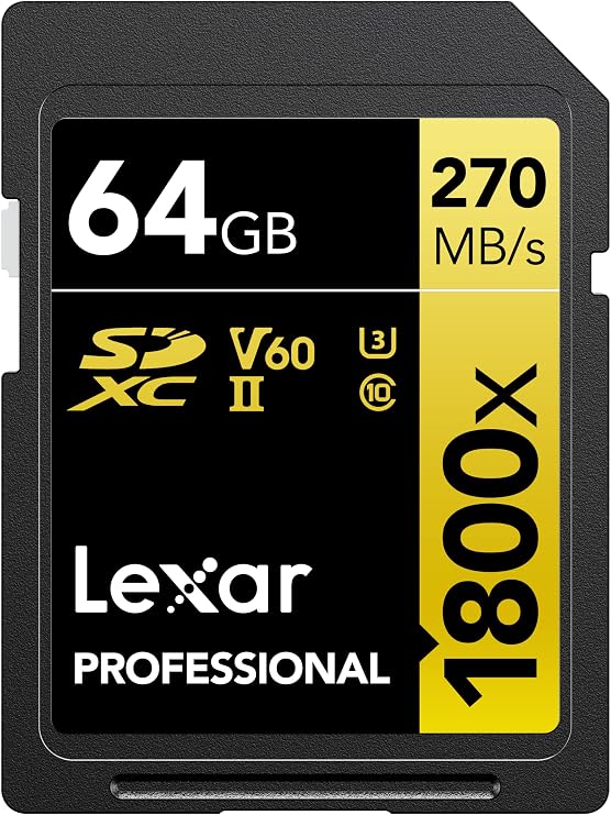 Lexar SDXC Professional 64GB 1800x UHS-II Altın Serisi, Sınıf 10, U3, V60, 4K Video Kaydı için, Siyah