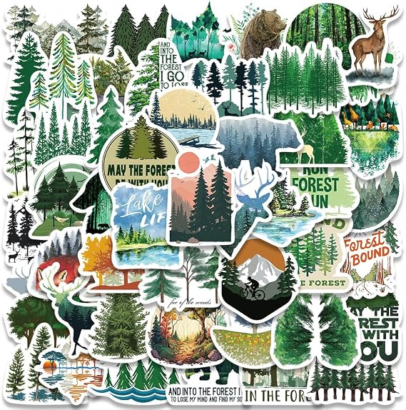 Outdoor Forest Stickers for Hydroflask Laptop Water Bottle Luggage Bicycle Motorcycle Car Bumper Guitar Skateboard, 50Pcs Green Camping Hiking Decals for Kids Teens Men Women Boys Girls