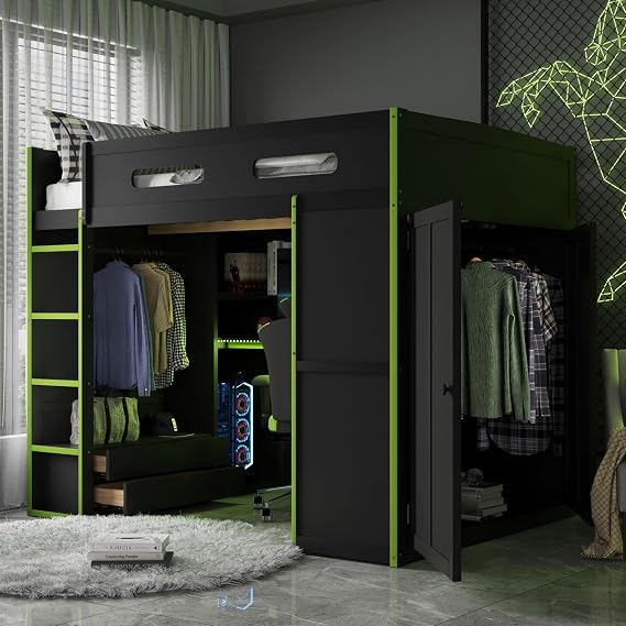 VilroCaz Modern Full Size Gaming Loft Bed with Built-in Desk and Storage Wardrobe, Wood Loft Bed Frame with Light Strip and 2 Drawers, Maximize Space Saving (Green-7.10)
