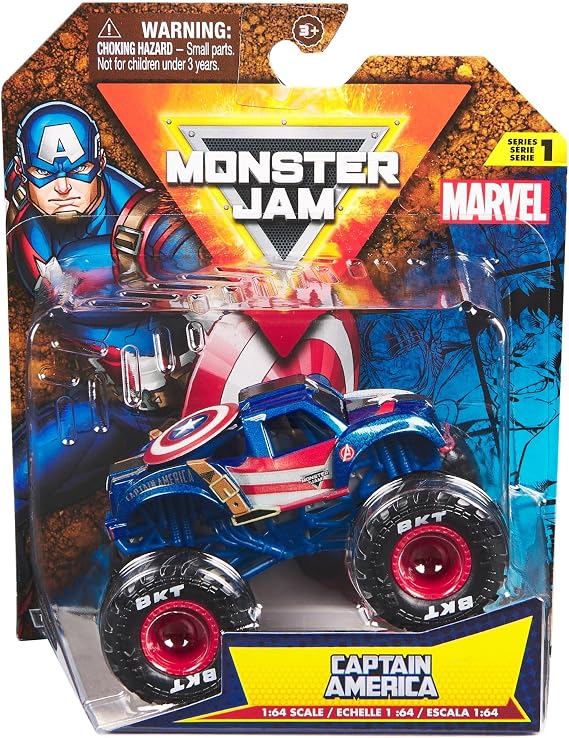 Monster Jam 2024 Marvel 1:64 Scale Diecast Series 1 Monster Truck with Flag: Captain America