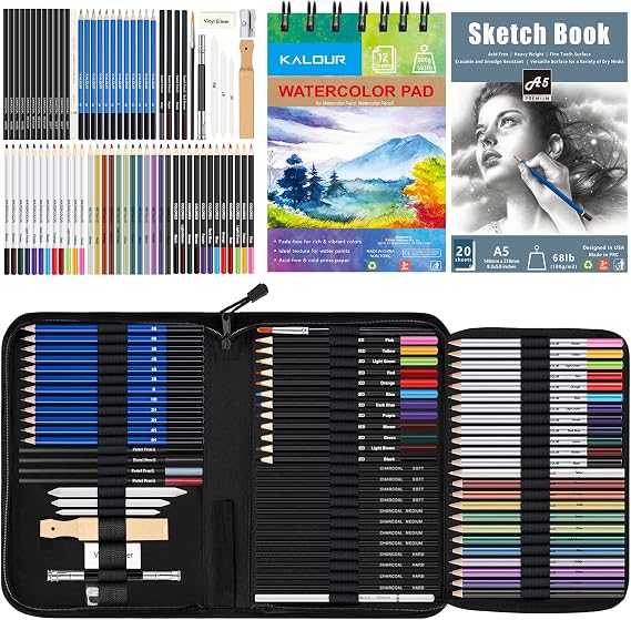 KALOUR 77pc Art Supply Set - Sketching & Drawing Kit with Tutorial Book, Sketchbook & Paper - Pencils, Pastels, Watercolors for Beginner Artists