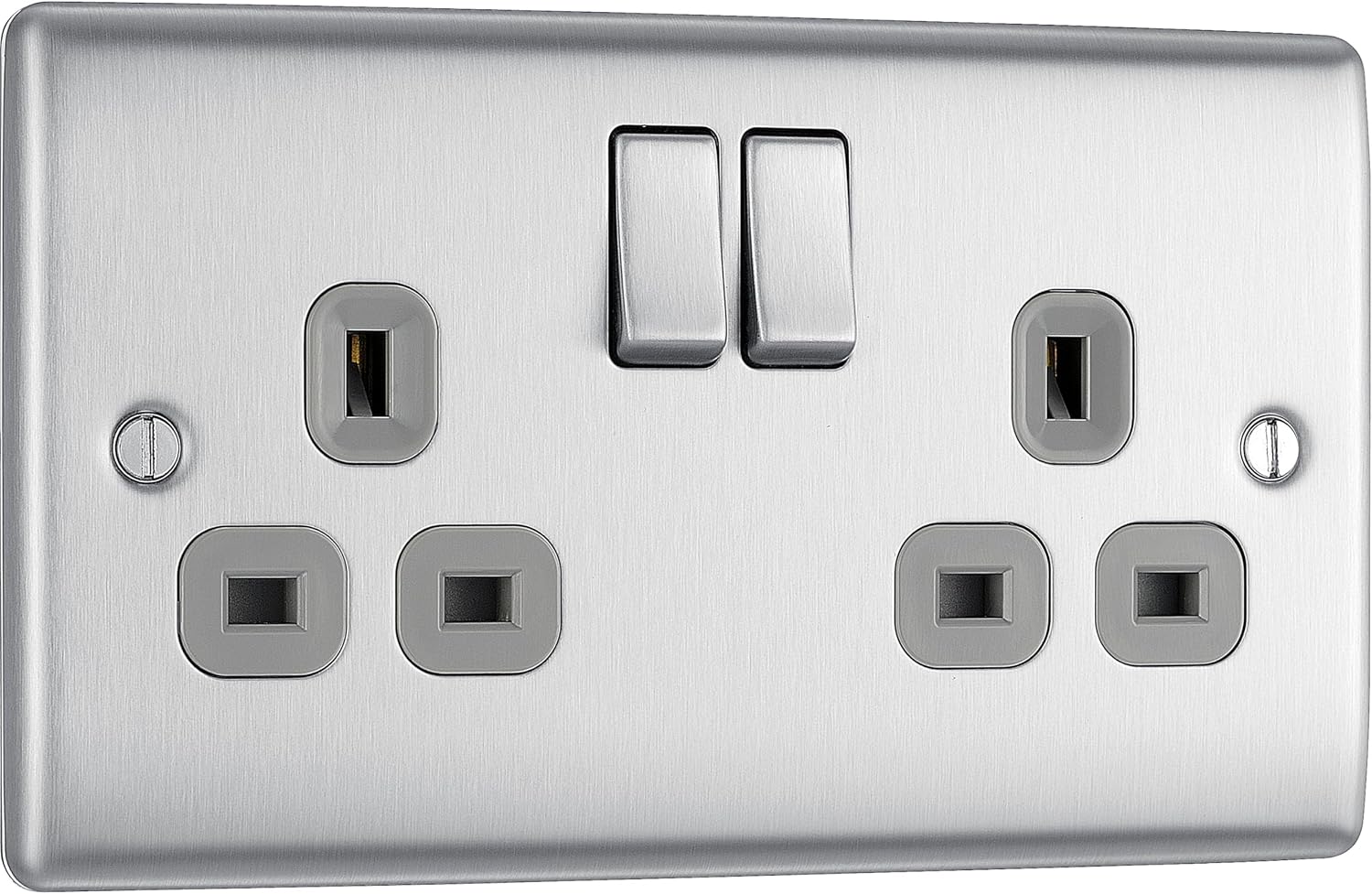 BG Electrical Double Switched Power Plug Wall Socket, Nexus Metal, Brushed Steel, Grey Inserts, 13A, NBS22G
