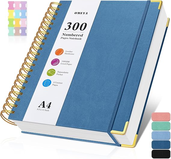 A4 Notebook, Lined Notebook with 300 Numbered Pages, 100GSM Thick Notepad, Hardback Leather Spiral Journals Notebook for Women Men, Waterproof & Large Notebooks for Work Office School, 21.5 x 27.9cm