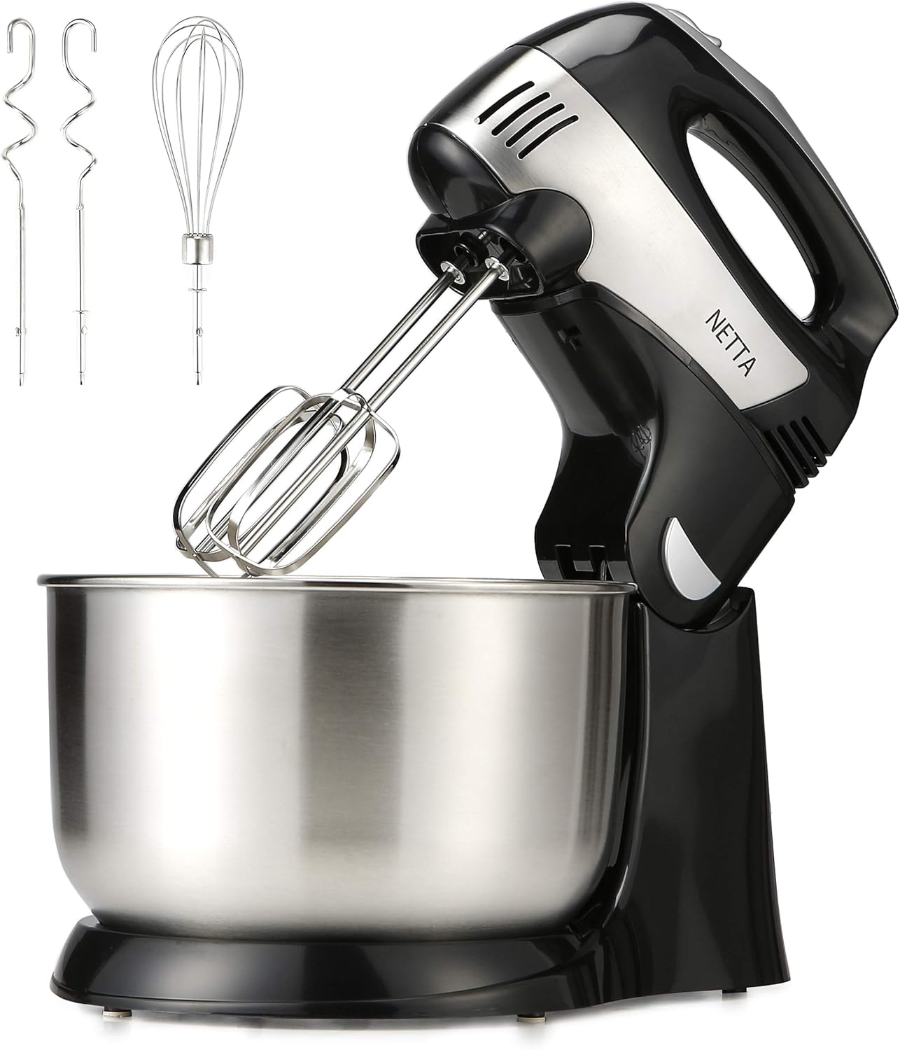 NETTA 2 in 1 Hand &amp; Stand Mixer, 4.3L Stainless Steel Mixing Bowl, Attachments Included, 5 Speed Control with Turbo Function - 300W – Black and Stainless Steel