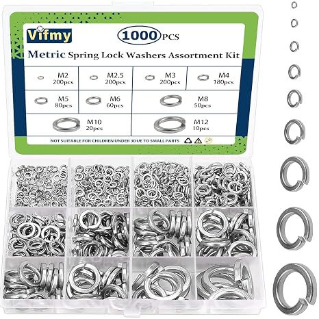 Spring Lock Washers Assortment Kit(1000 Pack),M2 M2.5 M3 M4 M5 M6 M8 M10 M12 Metric Split Lock Washer Set,304 Stainless Steel Lock Washers for Screws Bolts