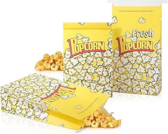 50 Pack Paper Popcorn Food Bags 11.4x6.1x3.1 Inch Bakery Cookie Bags with Tin Tie Tab Lock for Popcorn Machine Supplies