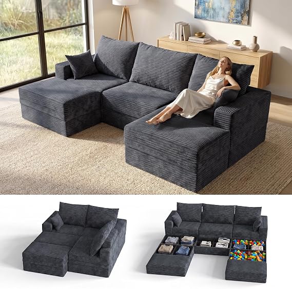 Modular Sectional Sofa with Storage, 270cm Corduroy Cloud Sofa