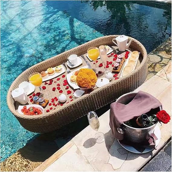 Luxury Floating Serving Tray Pool Tray Table, Yellow Rattan Floating Breakfast Tray, Oval Swimming Floating Serving Trays Table Bar Stylish Rattan Woven Pool Serving Trays 150X50X2