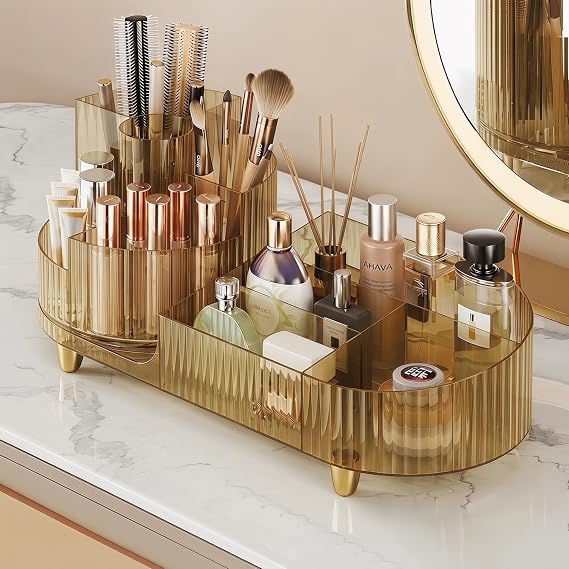 Booklov Döner makyaj organizatörü, Büyük Kapasiteli Kozmetik Vitrin, tüm makyaj ürünlerinizi tutması kolay, en az 20 makyaj fırçası/eyeliner, 10 ruj, 8 cilt bakım ürünü (Kristal Kehribar)