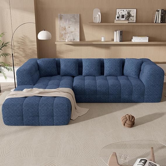 Modern L-Shaped Modular Sofa, 270cm Chenille Fabric with Chaise, Tufted Deep Seat Design, No Assembly Needed, Blue Sectional Sofa